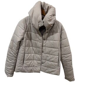 Montanaco Womens Puffer Jacket Small Taupe Grey Funnel Neck Quilted Snap Front
